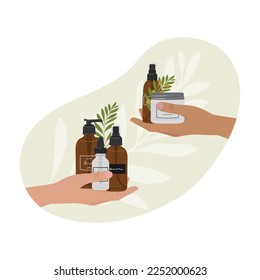 Las manos femeninas poseen productos cosméticos naturales orgánicos en botellas, jarras para el cuidado de la piel con forma abstracta y vegetación. Limpiador, tonificante, suero, aceite, producto crema. Ilustración vectorial de tracción manual