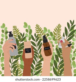 Female hands hold natural organic cosmetic products in bottles, jars for skin care with leaves background. Cleanser, tonner, serum, oil, cream product. Hand draw vector illustration