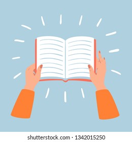 Female hands hold open book.Business, education, literature, read and library concept. Vector illustration Isolated from blue background.