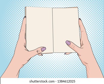 Female hands hold an open notebook. Blank for notes, diary. Drawing, Pop art background. Vector illustration