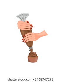 Female hands hold a pastry bag and squeeze chocolate cream onto a cupcake. Bakery, pastry shop, confectionery, preparing cupcakes, dessert. Hand drawn vector illustration