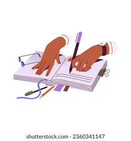 Female hands hold pen, writes thoughts in diary. People planning in notepad, woman take note in paper planner, compose plan in notebook. Flat isolated vector illustration on white background