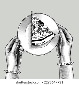 Female hands hold a plate with a piece of sliced pizza. Conceptual restaurant menu design. Vintage engraving stylized line drawing. Vector illustration