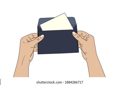 Manos femeninas sostienen un sobre postal, carta. Ilustración de material vectorial eps10.