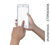 Female hands hold smartphone with blank screen realistic vector on white background. Hands young woman holding modern phone with finger on clean touch screen. Female hand holding black cellphone.