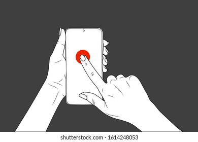 female hands hold a smartphone, finger points. eps10 vector stock illustration