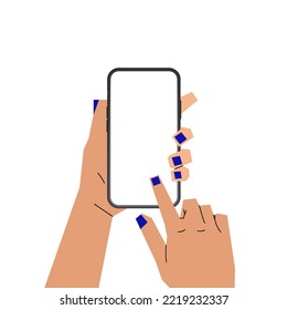 Female hands hold smartphone. Mobile phone mockup empty screen, finger touches telephone. Vector cartoon illustration