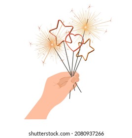 Female hands hold a sparkler. Bengal fire in the form of a heart and stars. New Year Christmas. Isolated on a white background. Flat style. Vector illustration