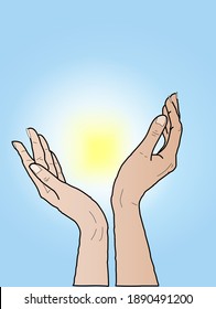 female hands hold sun on blue sky background