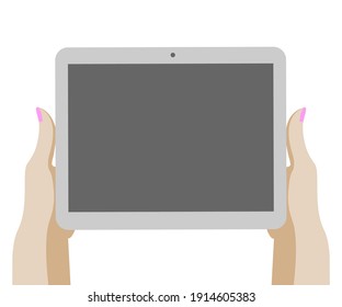 Female hands hold tablet on white background. Vector illustration in cartoon style.
