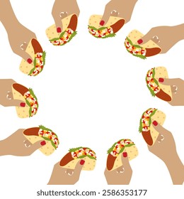 Female hands hold taco meat and vegetable fill Abstract Circular Frame Copy space Template concept