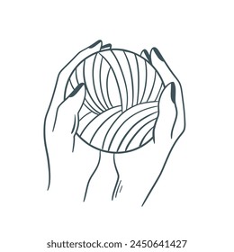 Female hands holding a ball of thread for knitting doodle sketch style isolated illustration. Hobby handicraft ink clip art, vector graphics