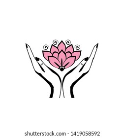 Female hands holding a beautiful pink lotus flower for logo design