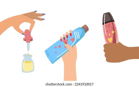 Female hands holding beauty products vector illustrations set. Hands of women with serum or oil dropper, tube of cream or toothpaste, shower gel isolated on white background. Beauty, skincare concept