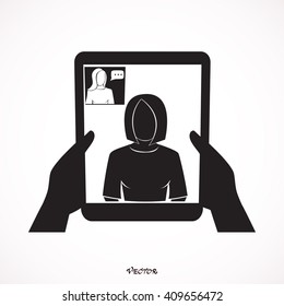 Female Hands Holding a Black Tablet Computer. Close-up Of Woman Having Video Chat With Man. Vector Illustration.