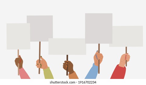 Female hands holding blank banner, signs, and placards. Feminist demonstration. Women protest activism. Vector illustration