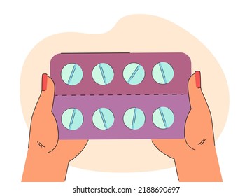 Female Hands Holding Blister Pack Of Pills. Patient Taking Medication Flat Vector Illustration. Healthcare, Treatment, Pharmacy Concept For Banner, Website Design Or Landing Web Page