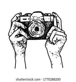 Female hands holding a camera. Hand Drawn illustration in vintage style