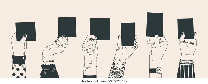 Female hands holding cards or pieces of paper. Vector monochrome illustrator for design.