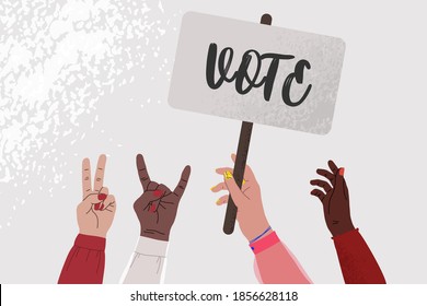 Female hands holding up cards that say vote. Diverse young people hands, male, female, multicultural group, multi ethnic team, cultural diversity concept.