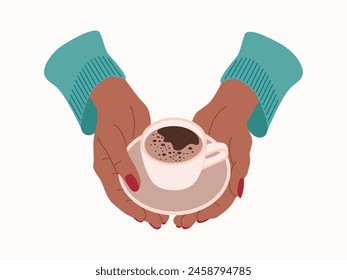 Female hands holding a ceramic cup with coffee on a saucer. Morning hot drink. Coffee break. Hand drawn colored vector illustration isolated on white background. Modern flat cartoon style.