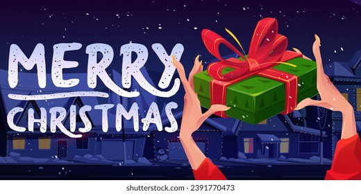 Female hands holding Christmas gift box on night town background. Vector cartoon illustration of merry Xmas present, surprise package wrapped in green paper with red ribbon bow, winter holidays banner