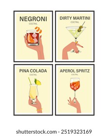 Weibliche Hände halten klassische Cocktails minimalistische Poster