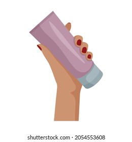 Female hands holding cleanser. Сosmetic product in a tube. Vector illustration in flat style.