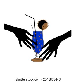 Female hands holding cocktail glasses. Flat illustration for greeting cards, postcards, invitations, menu design.