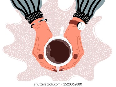 Female hands holding coffee cup flat vector illustration  Woman enjoying hot chocolate  Hand drawn female palm and white mug top view  Coffee break idea  Relaxed pastime  recreation   hygge concept