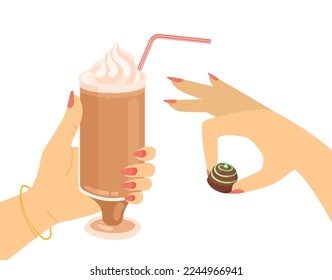 Female hands holding coffee drink and candy vector illustration. Cartoon drawing of hands of women with cocktail and chocolate treat isolated on white background. Beverage, desserts, coziness concept