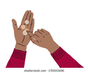 Female hands are holding an coins. Lack of money, economic crisis, poverty. Problems with finances due to coronavirus. Bankruptcy, business ruin, unemployment.