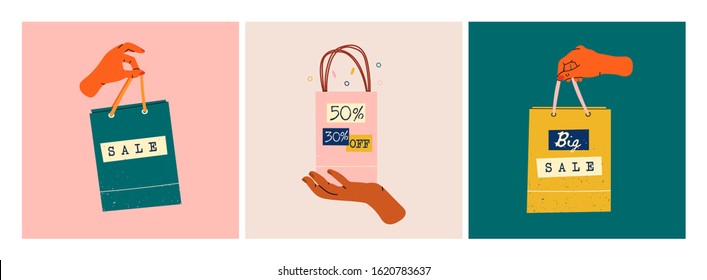 Female hands holding colorful Shopping or gift Bags. Sale sign. Various percents. Sack for purchases, presents. Set of three Hand drawn vector illustrations. Shopping, sale concept