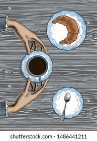 Female hands holding cup of coffee on rustic wooden table background. Coffee cup  on a wooden table. Vintage engravings stylized as a drawing. Vector illustration.