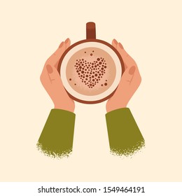 Manos femeninas sosteniendo una taza de café aislada de fondo. El invierno y el otoño acogedores concepto con el cacao en gran taza. Ilustración del vector