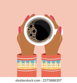 Female hands holding a cup of coffee. Vector illustration in flat style