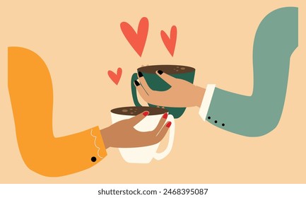 Female hands holding cups with coffee. Side view. Hand drawn colored trendy vector illustration. Cartoon style. Flat design. Isolated
