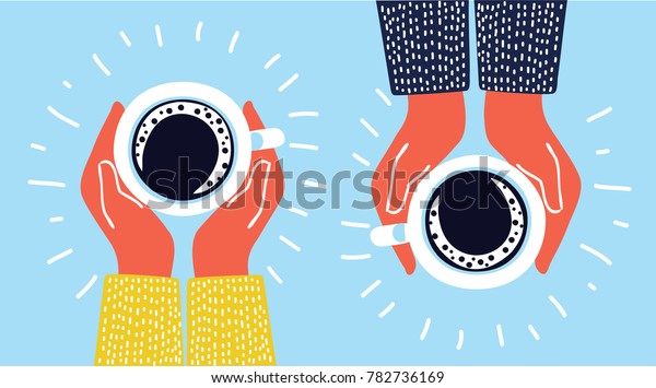 Female hands holding cups of coffee on rustic\
wooden table background