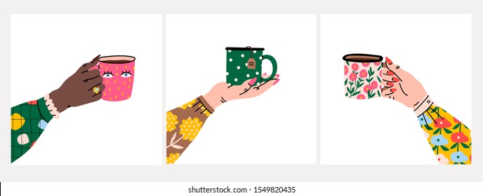 Female hands holding cups or mugs with tea. Side view. Flower prints on sleeve and cups. Set of three hand drawn colored trendy vector illustrations. Cartoon style. Flat design. 