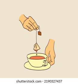 Female hands holding cups or mugs with tea. Set of hand drawn colored trendy vector illustrations.