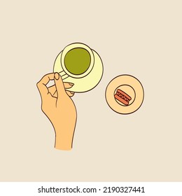 Female hands holding cups or mugs with tea. Set of hand drawn colored trendy vector illustrations.