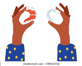 Female hands holding dental braces and orthodontic transparent retainers and choosing between them. Oral care,bite correction. Beautiful smile with straight teeth. Vector flat illustration for clinic