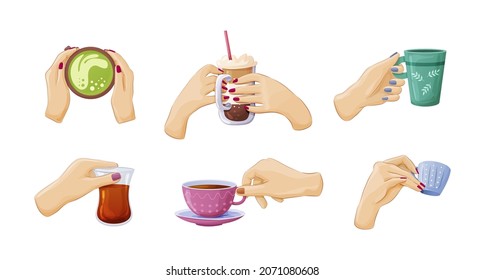 Female hands holding different beverage set. Woman drinking coffee paper cup, hot green and black tea mug, putting sugar, soda cocktail, warming arms, alcohol drinks. Herbal warm drink cartoon vector