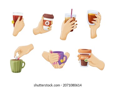 Female hands holding different beverage set. Woman drinking coffee paper cup, hot green and black tea mug, putting sugar, soda cocktail, warming arms, alcohol drinks. Herbal warm drink cartoon vector