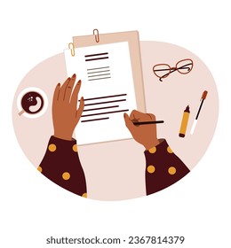 Female hands holding a document and a pen. Survey, quiz, to-do list or agreement concept, document signing. Vector cartoon illustration in flat style.

