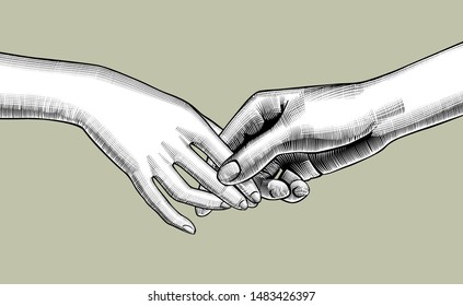 Female hands holding each other's fingers. Vintage engraving stylized drawing. Vector illustration
