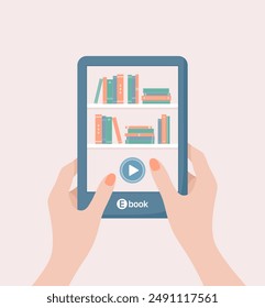 Female hands holding e-book reader with bookshelves and start button on the screen. Flat vector illustration
