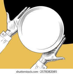 Female hands holding an empty round tray. View from above. Black and white drawing in vintage engraving style on color background. Vector illustration