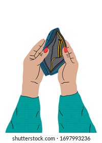 Female hands are holding an empty wallet. Lack of money, economic crisis, poverty. Problems with finances due to coronavirus. Bankruptcy, business ruin, unemployment.