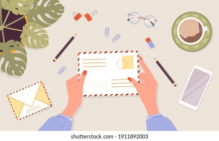 Female hands holding an envelope. Correspondence and mail delivery concept. Top view. Post stamps and postcards. Vector illustration in flat cartoon style. Receiving message, notification, invitation.